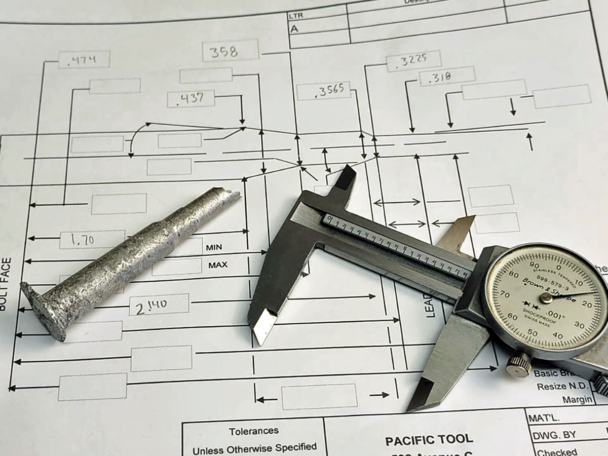 I use a reamer “spec sheet” to keep track of chamber measurements. (The one used for this article was found on the Pacific Tool and Gauge website.) My go-to book for identifying chambers is Ammo Encyclopedia by Michael Bussard.